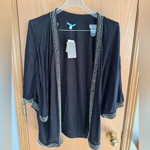 LEIFNOTES Anthropologie Black Open Front Blouse Cape Poncho Top Beads S NWT New